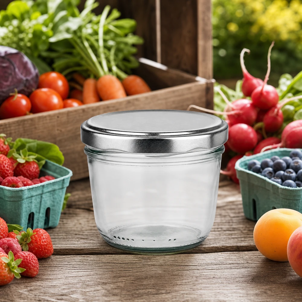 230ml Verre conique avec couvercle BasicSeal argent UNiTWIST 230ml verre renversé argent BasicSeal couvercle entre fruits frais légumes sur table en bois Outdoor scène de cuisine naturelle