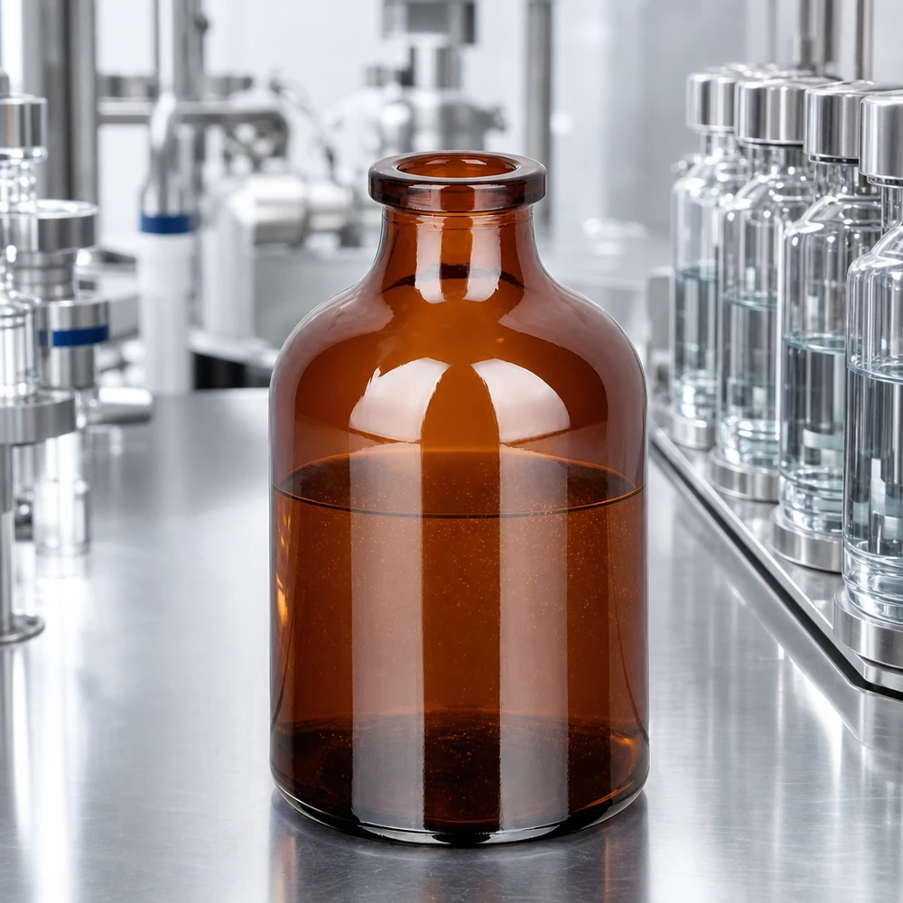 Flacon pour solution injectable, 50 ml en verre ambré Injektionsflasche Braunglas 50ml mit bernsteinfarbenem Glaskörper in pharmazeutischer Produktionsumgebung