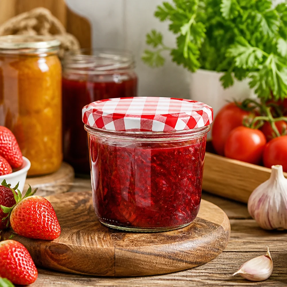 230ml Verre conique avec couvercle BasicSeal rouge/blanc UNiTWIST Verre renversé 230ml dans scène de cuisine rempli de confiture de fraises et couvercle BasicSeal à carreaux rouges et blancs