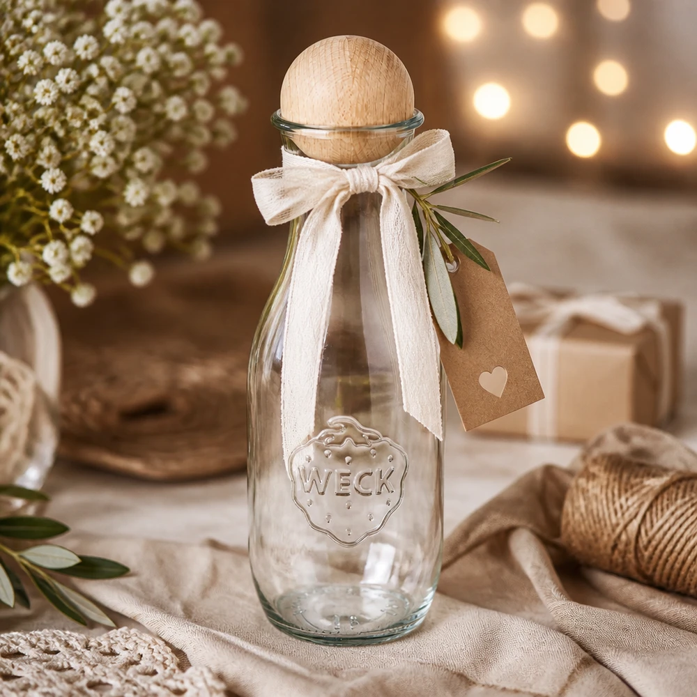 1062ml Bouteille à jus de fruits WECK RR60 avec boule en bois en hêtre WECK Bouteille de jus 1062ml RR60 décorée comme cadeau avec un ruban blanc Pendentif en papier kraft et branche d'olivier