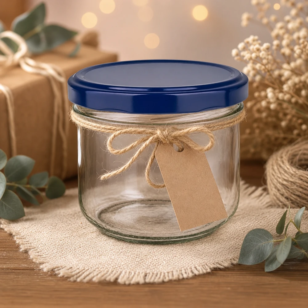 Verre renversé de 260 ml avec couvercle bleu UNiTWIST, décoré avec un ruban de jute et une étiquette cadeau.