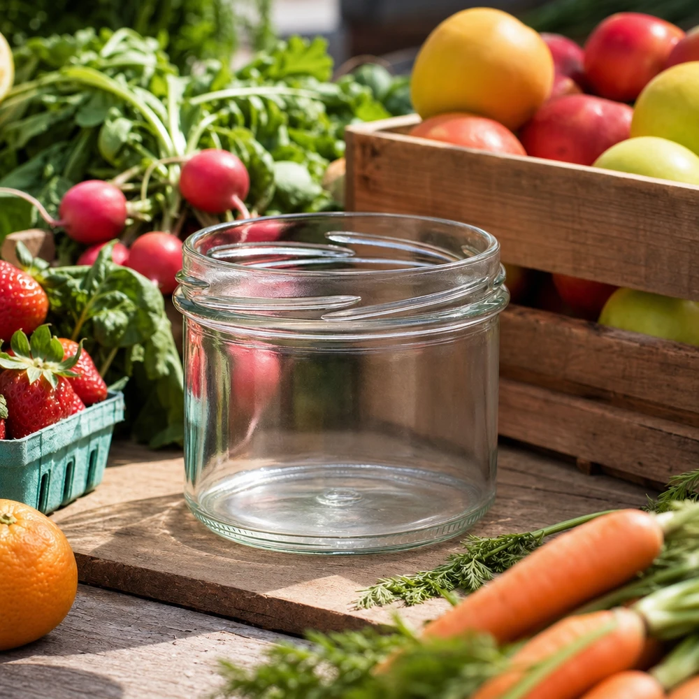 UNiTWIST Sturz225 Verre renversé 225ml TO82 vide sur table en bois avec fruits et légumes frais pour la mise en conserve et la conservation