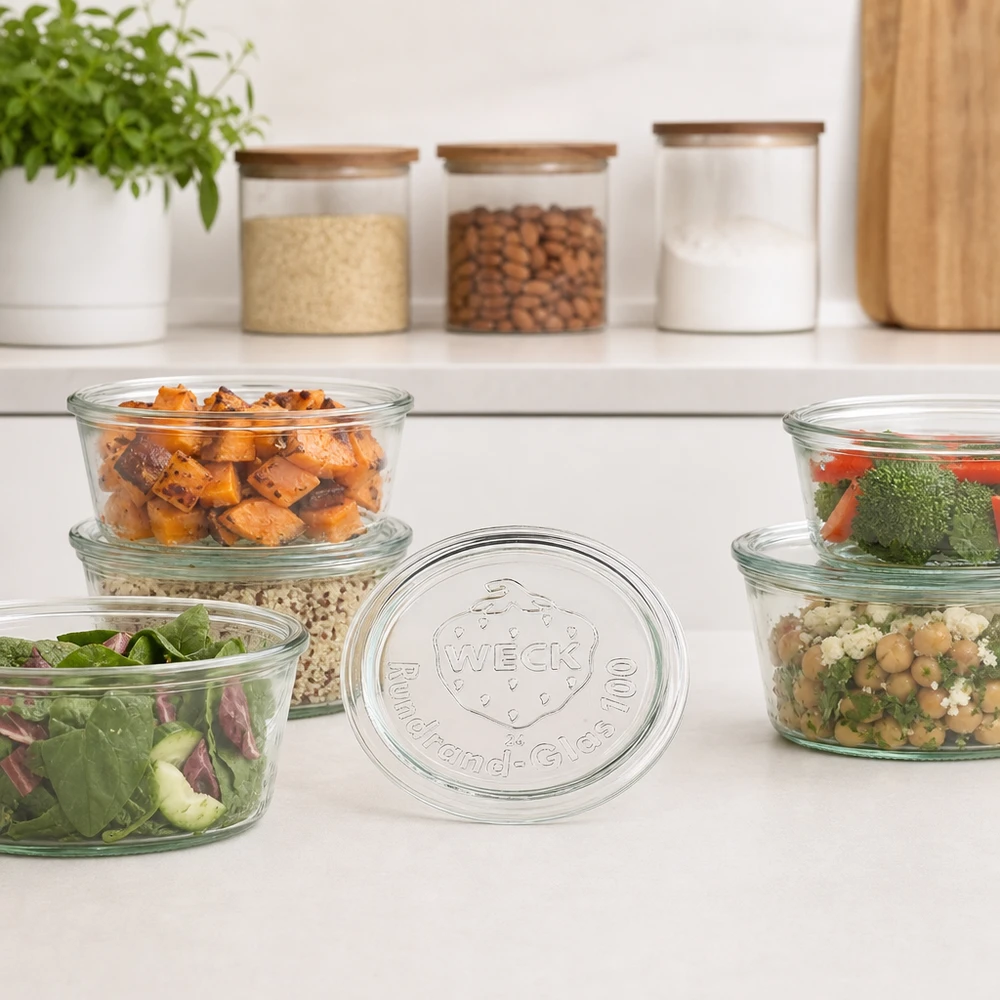 Couvercle de verre RR100 WECK WECK Couvercle en verre RR100 pour barquettes Meal Prep avec salades et légumes préparés dans une cuisine moderne