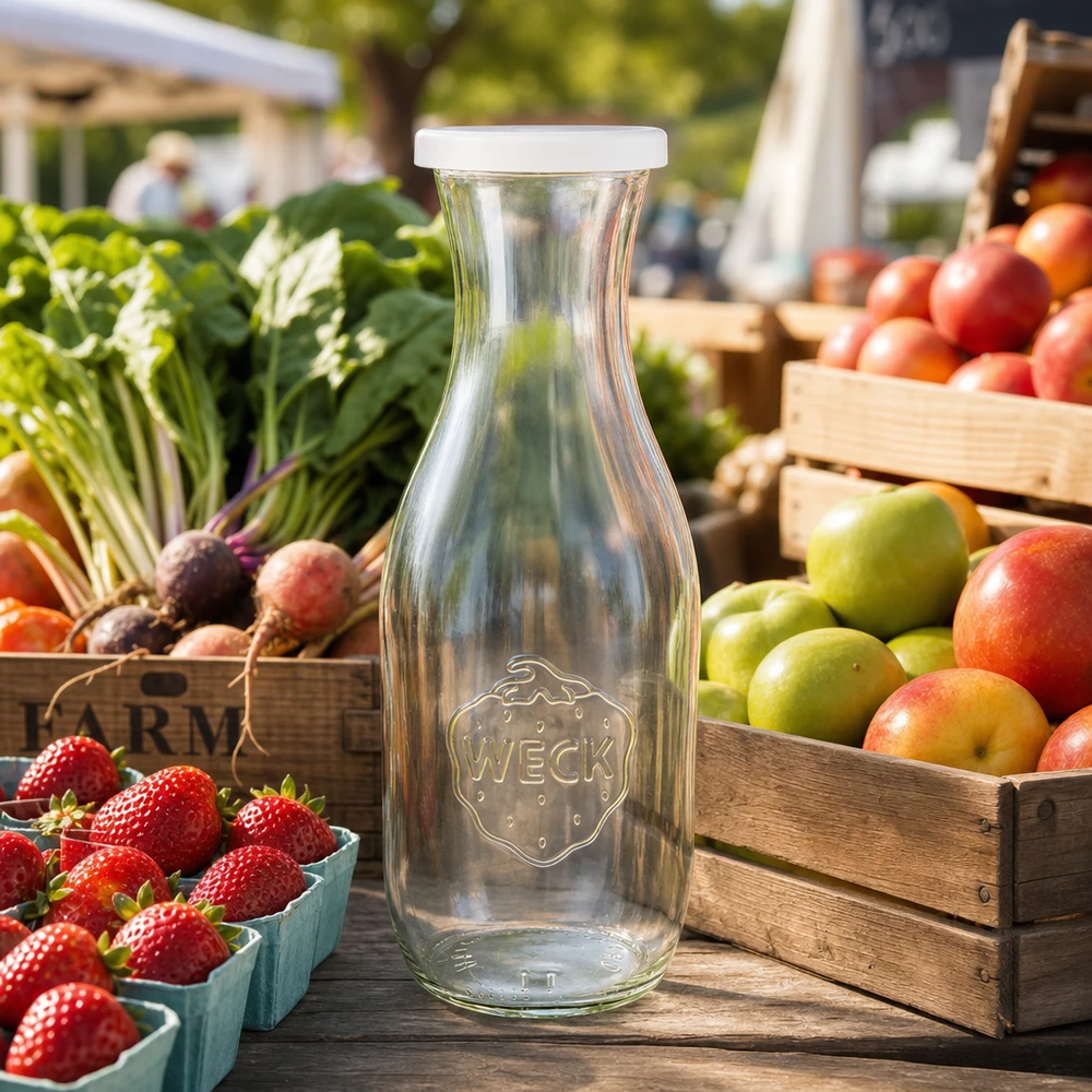 WECK Bouteille de jus de fruits 1062ml avec couvercle blanc sur un marché fermier parmi des fruits et légumes frais dans des caisses en bois