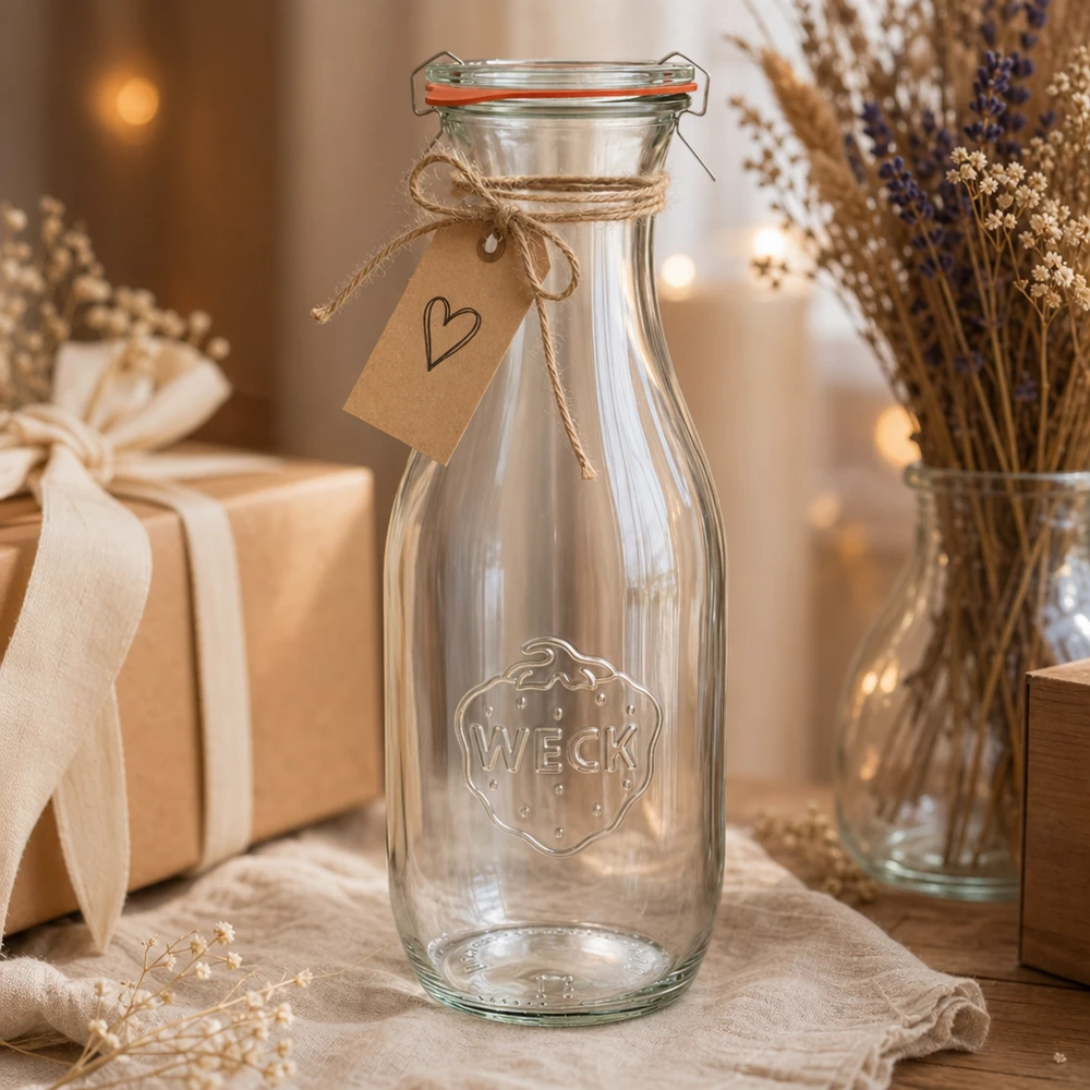 WECK Bouteille de jus de fruit 1062ml RR60 décorée avec une corde de jute et un pendentif en forme de cœur comme cadeau rustique mis en scène