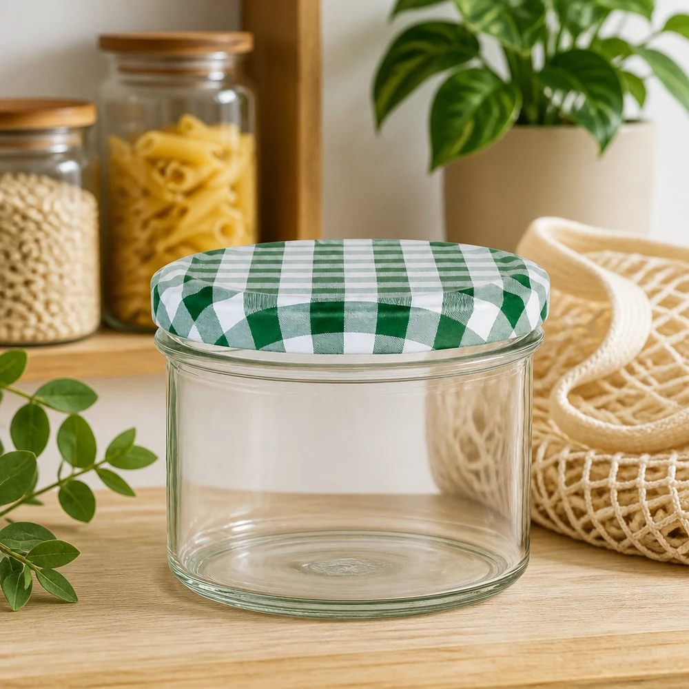 225ml Verre conique avec couvercle BasicSeal vert/blanc UNiTWIST Verre renversé de 225 ml avec couvercle à carreaux vert et blanc sur une table en bois à côté de bocaux de rangement et de décorations végétales