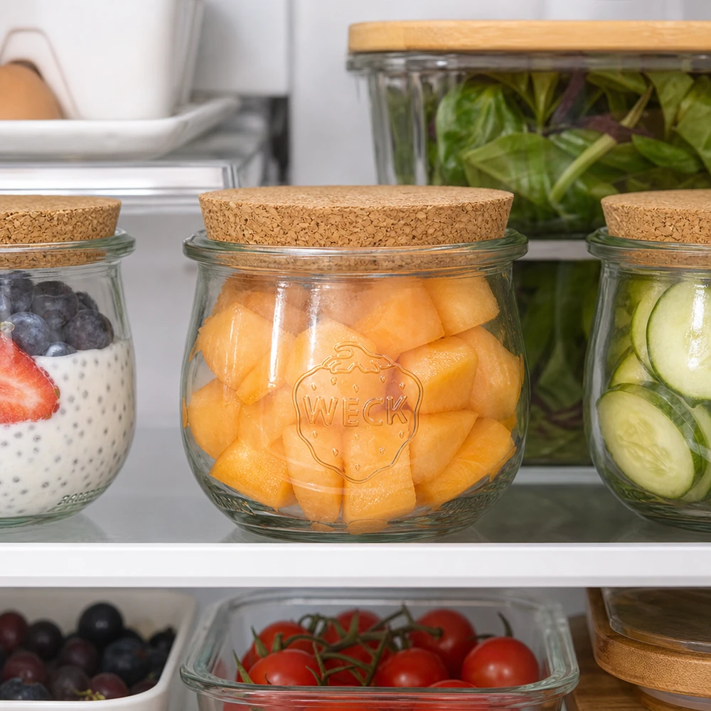 370ml bocal tulipe WECK RR80 avec bouchon nature WECK Tulpenglas 370ml RR80 mit Naturkorken im Kühlschrank zur Aufbewahrung von Cantaloupe Melone und Gemüse