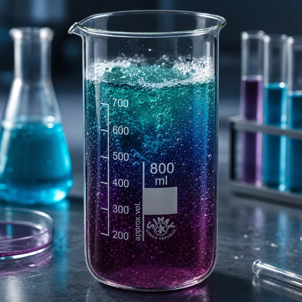 Bécher 800ml en verre borosilicate résistant à la chaleur (forme haute) Bécher de 800 ml, forme haute, contenant un liquide présentant un dégradé de couleurs bleu-violet et la formation de bulles, en laboratoire