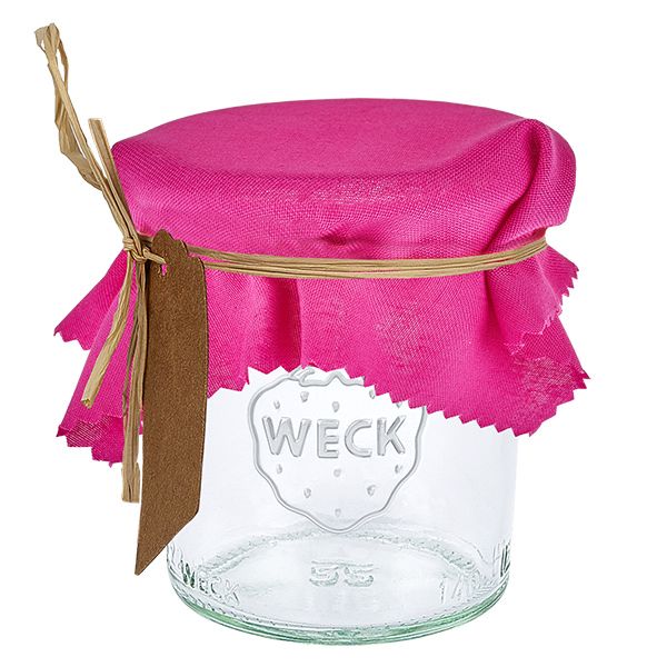Cache-bijoux en tissu rose 12cm carré sur bocal Weck avec étiquette marron et raphia pour couvrir la fermeture