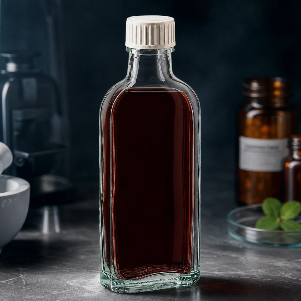 Flacon en verre Meplat de 100 ml avec insert en mousse de polyéthylène et contenant un liquide de couleur foncée, utilisé en milieu de laboratoire