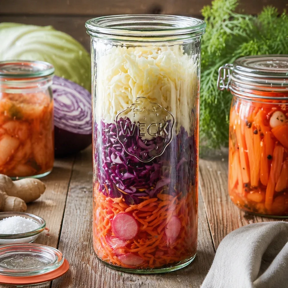WECK Pot de 1500ml RR100 avec légumes fermentés Choucroute sur table en bois parmi des ingrédients frais