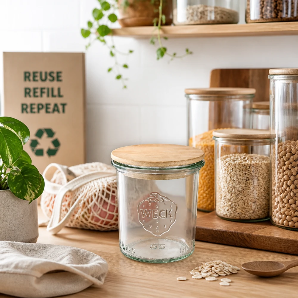 WECK Pot renversé 140ml RR60 Couvercle en bois dans la cuisine durable Zero-Waste avec bocaux à provisions et symbole de recyclage