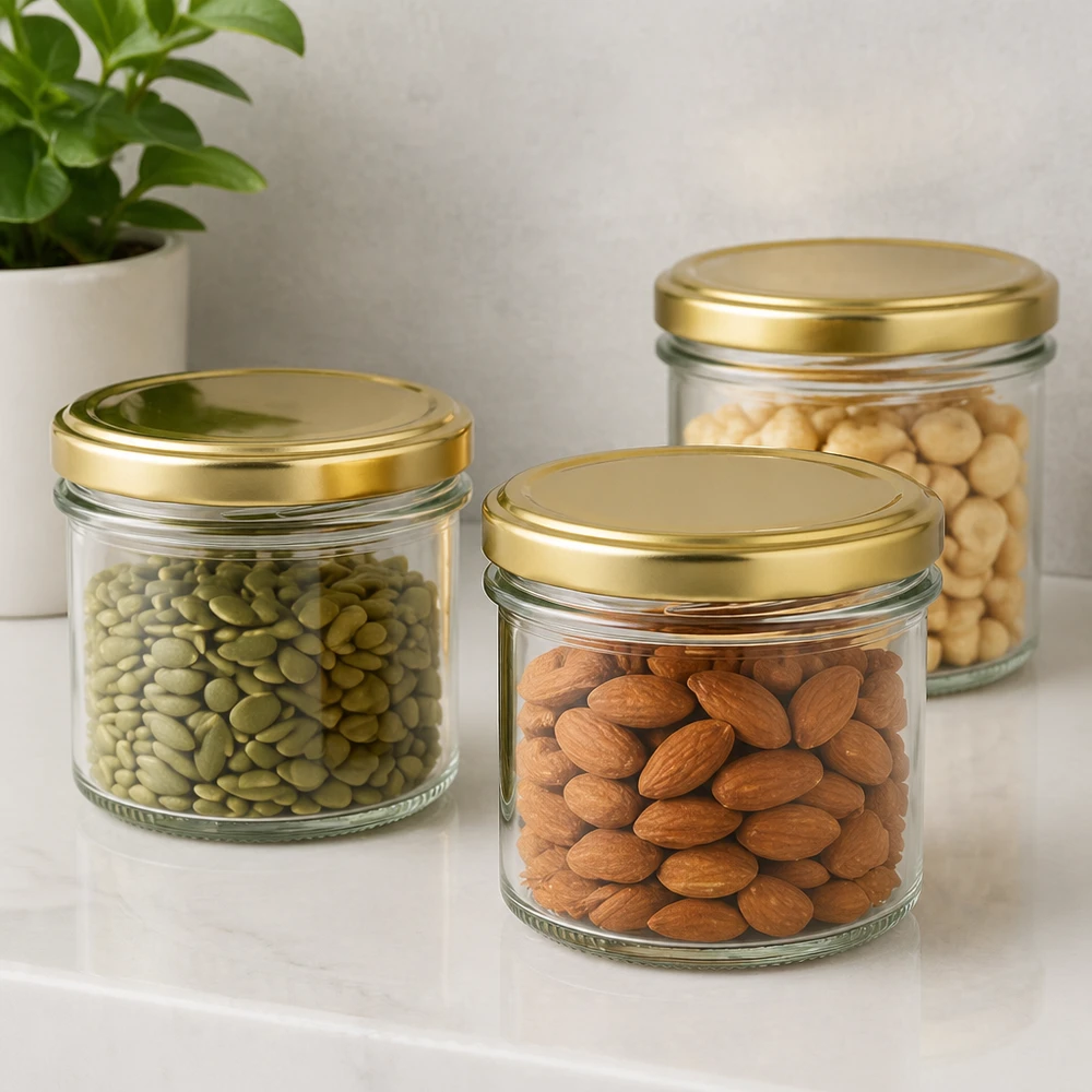 125ml Verre conique avec couvercle BasicSeal or UNiTWIST 125ml Sturzgläser mit BasicSeal Deckel gold für Nüsse und Trockenfrüchte - elegante Aufbewahrung in der Küche