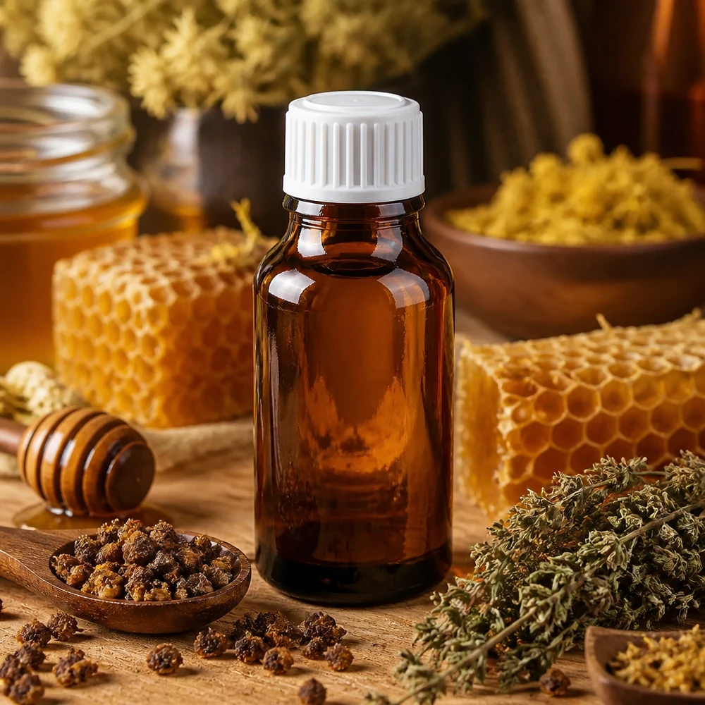 Flacon en verre brun 15ml avec bouchon à vis blanc St Flacon en verre brun de 15 ml avec bouchon à vis blanc, orné d'un motif représentant des alvéoles d'abeille et de la propolis