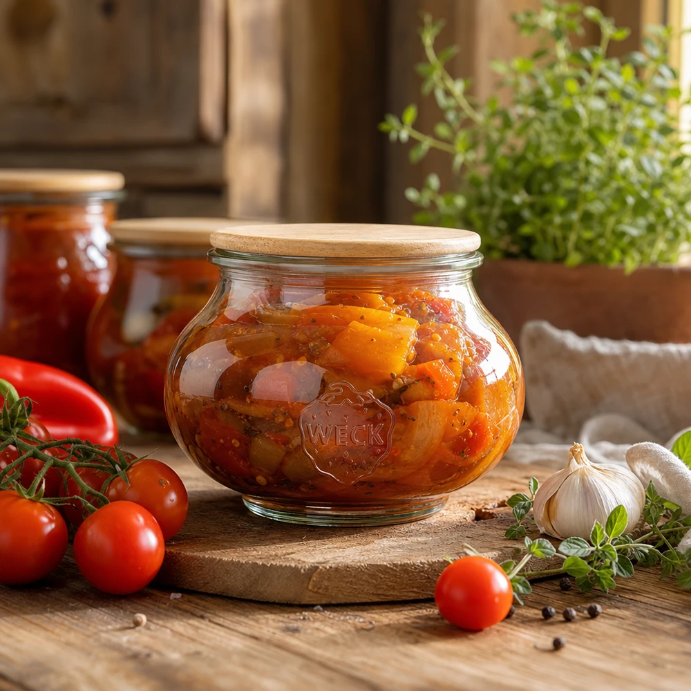 560ml bocal décoratif WECK RR80 avec couvercle en bois WECK Pot à provisions 560ml avec couvercle en bois rempli de tomates à tartiner dans une cuisine rustique avec des ingrédients frais