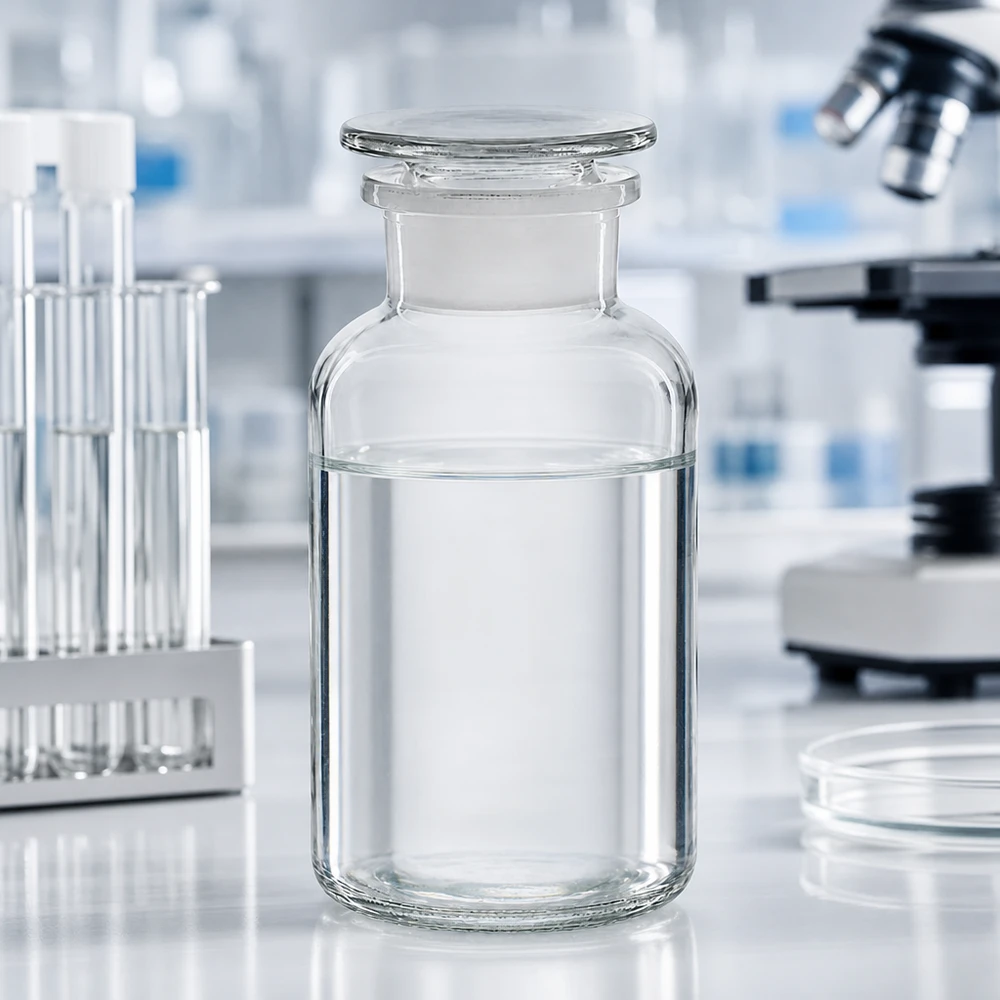 Flacon de pharmacie transparent à col large de 500 ml, muni d'un bouchon en verre, posé sur une paillasse de laboratoire blanche