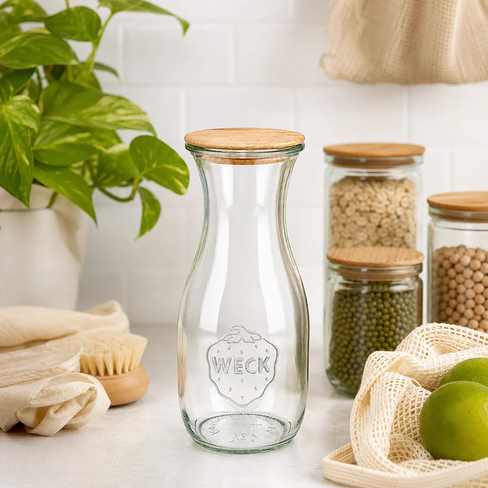 WECK Bouteille de jus 530ml RR60 avec couvercle en bois dans la cuisine durable Zero-Waste à côté des produits écologiques et des plantes
