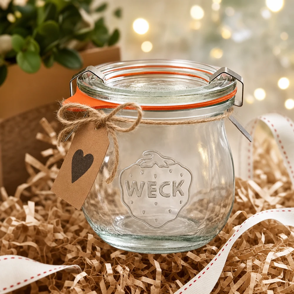 75ml bocal tulipe complet WECK RR40 WECK Pot tulipe 75ml RR40 comme idée de cadeau emballé de manière décorative avec un pendentif en forme de cœur et un ruban cadeau dans une atmosphère festive