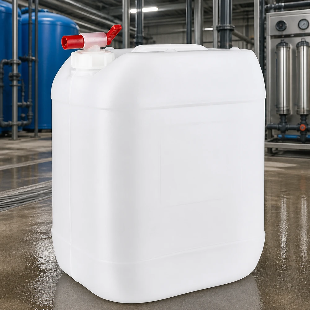 Jerrican de 20 litres avec robinet Bidon blanc vide de 20 litres muni d'un robinet de vidange rouge, devant une station de traitement industriel de l'eau