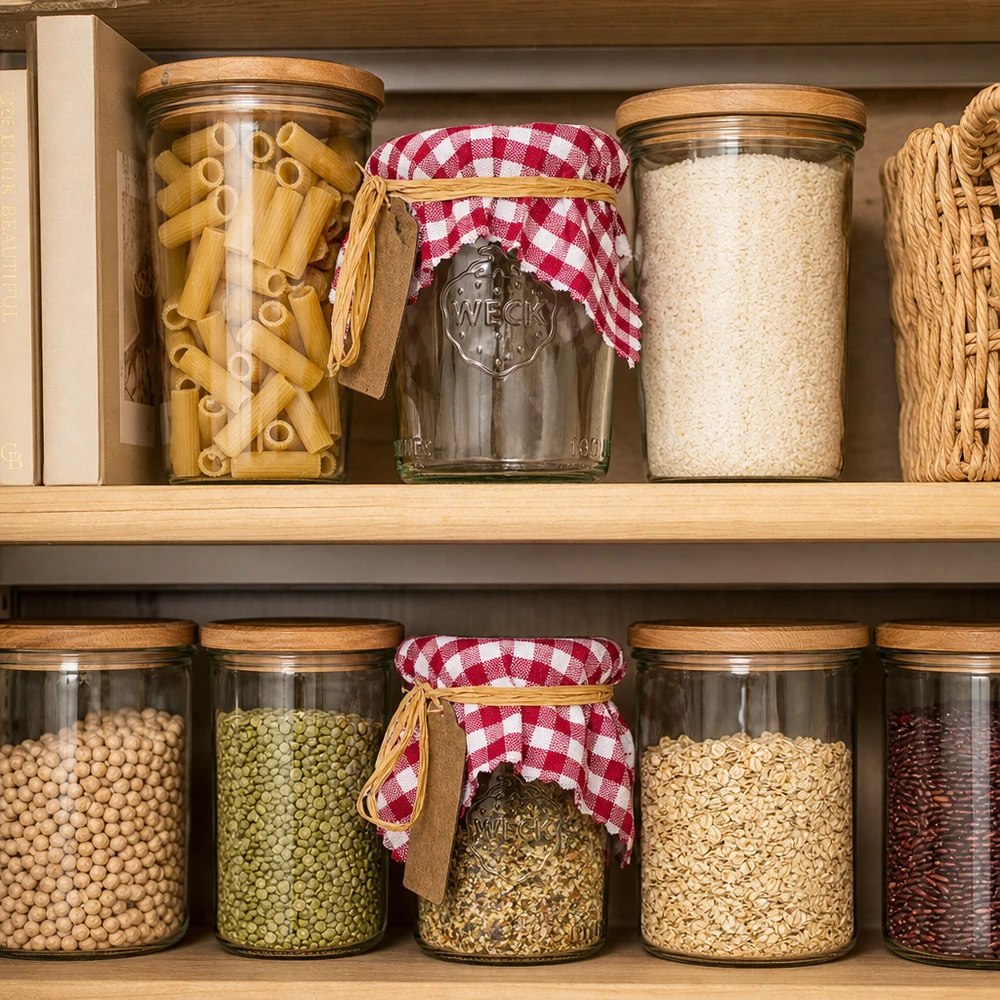 Bocaux à provisions avec couvercle en tissu à carreaux bordeaux dans Pantry - Pâtes Riz Légumes secs conservés avec style