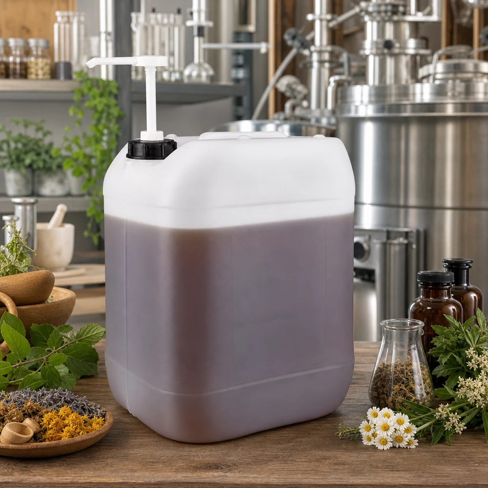 Bidon violet clair de 20 litres muni d'une pompe doseuse blanche, entouré de plantes médicinales et de fleurs séchées