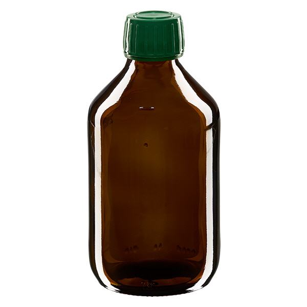 Flacon médical 250 ml couleur ambrée avec bouchon verte Flacon médical 250 ml couleur ambrée avec bouchon verte