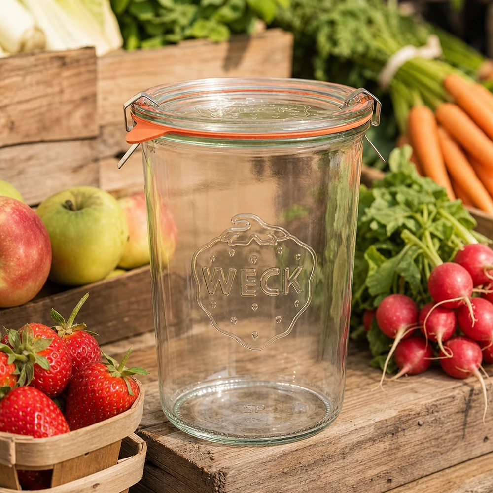 WECK RR100 Pot de conserve 850ml avec des fruits et légumes frais sur une table en bois rustique comme scène de cuisine pour la conservation des provisions