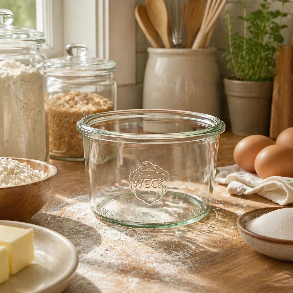 Bocal en verre à fond bombé WECK RR80 de 200 ml WECK Verre renversé 200ml RR80 en verre dans une cuisine rustique avec des ingrédients de cuisson et des ustensiles de cuisine