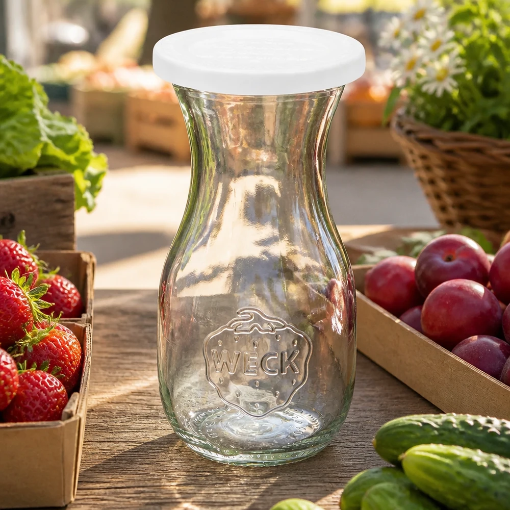 Bouteille à jus de 290 ml avec couvercle fraîcheur WECK RR60 Bouteille de jus WECK 290 ml avec couvercle fraîcheur RR60 disposée entre des fruits et légumes frais sur une table en bois rustique