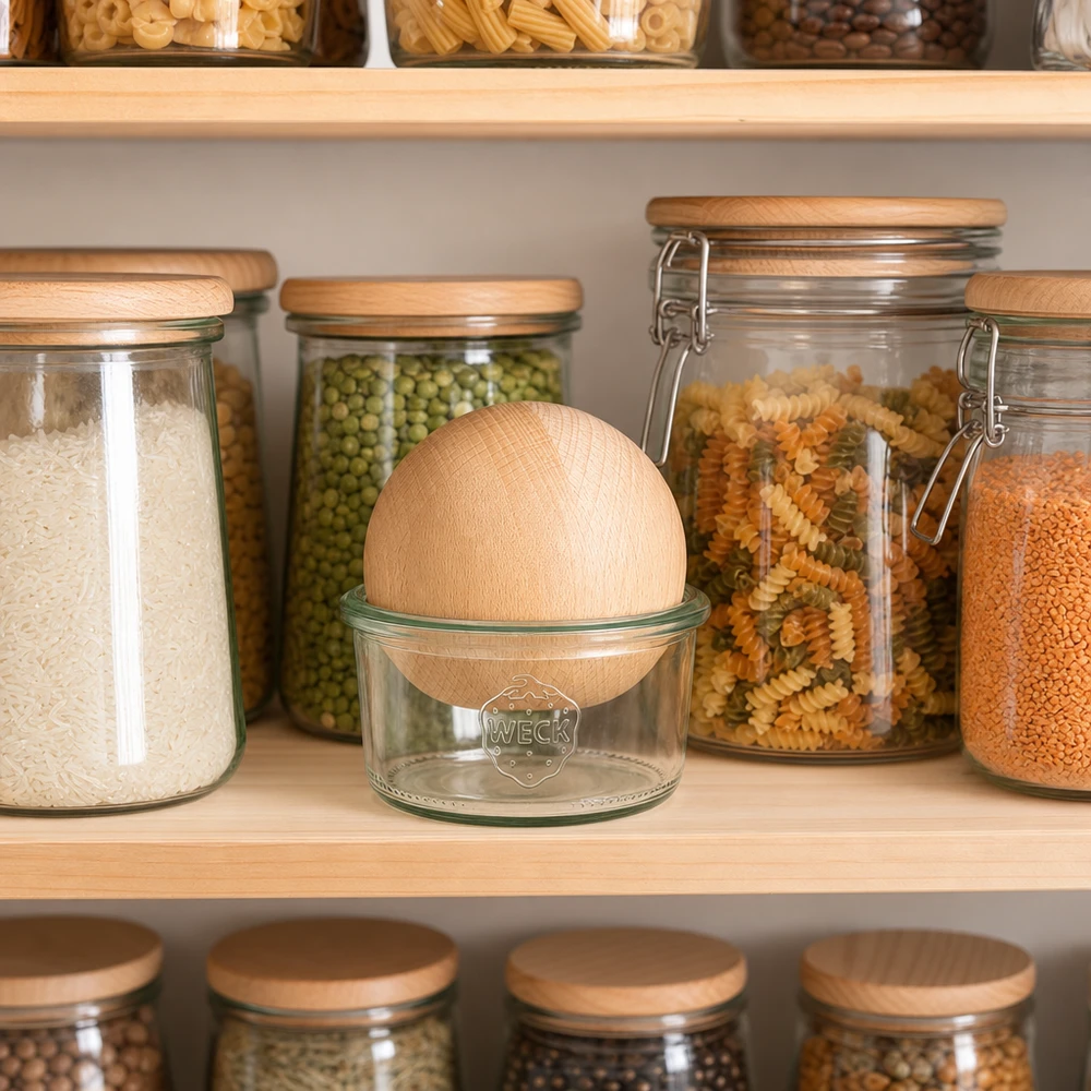 165ml bocal conique WECK RR80 avec boule en bois en hêtre WECK Sturzglas 165ml RR80 mit Buchenkugel im organisierten Vorratsschrank zwischen luftdichten Aufbewahrungsgläsern