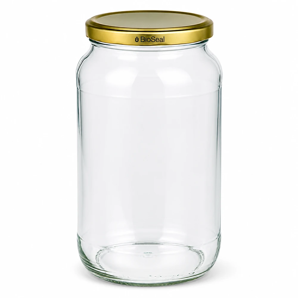 1062ml Verre rond avec couvercle BioSeal or UNiTWIST UNiTWIST Runda1062 Pot de conservation avec couvercle TO82 BioSeal doré transparent vide Garde-manger