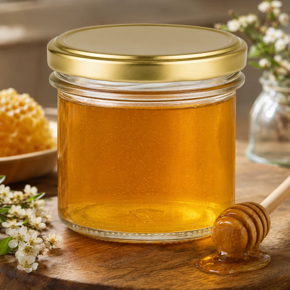 125ml Verre conique avec couvercle BasicSeal or UNiTWIST 125ml Sturzglas mit BasicSeal Deckel gold gefüllt mit Honig neben Honiglöffel und Blütenzweigen