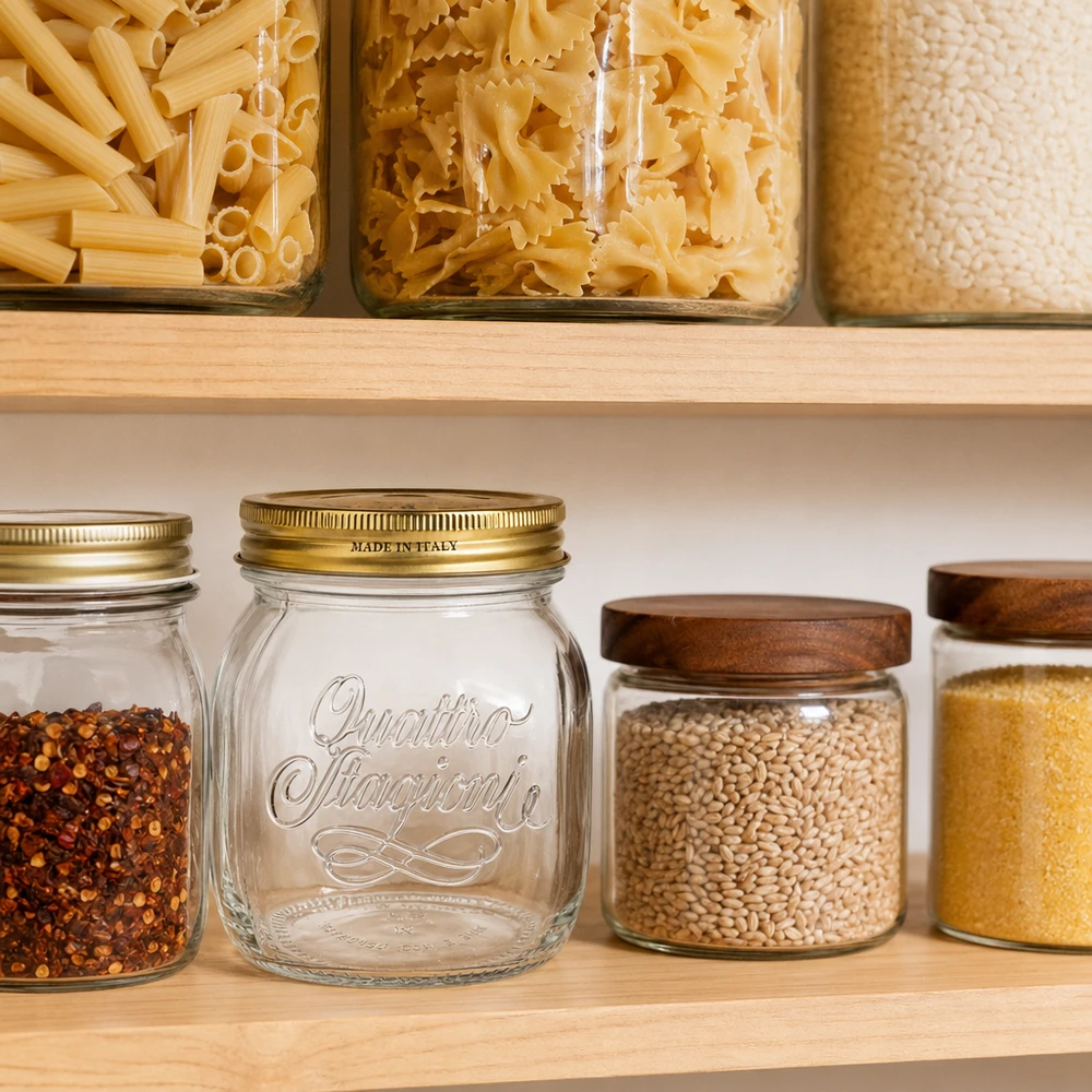 Verre rond 700ml « Quattro Stagioni » avec couvercle Quattro Stagioni Pot de conservation 700ml dans l'office organisé avec des pâtes et des épices équipement de cuisine italienne
