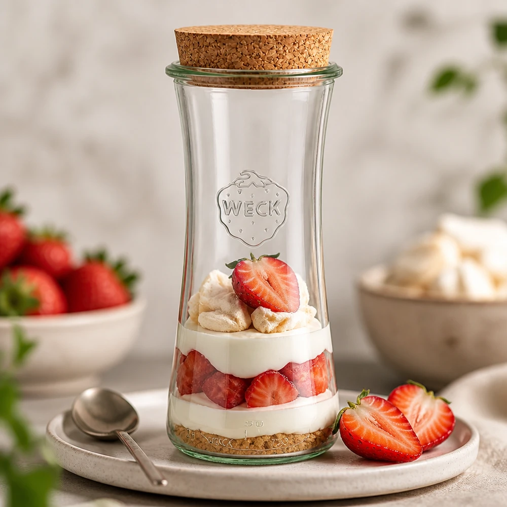 700ml bocal à gourmandises WECK RR80 avec bouchon nature WECK RR80 Pot d'épicerie fine 700ml avec bouchon rempli comme une couche de dessert aux fraises avec de la crème sur un plateau de service blanc