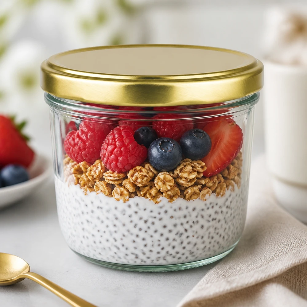 Verre renversé de 230 ml avec couvercle doré rempli de pudding au chia, de noix et de baies comme exemple d'utilisation