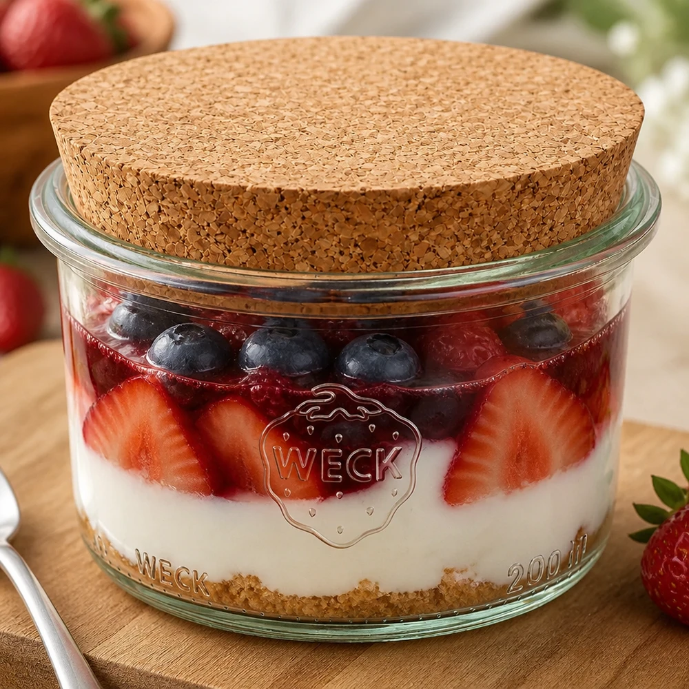 200ml bocal conique WECK RR80 avec bouchon nature WECK Verre renversé 200ml RR80 rempli de petits fruits rouges et couvercle en liège montre une utilisation polyvalente comme verre à dessert