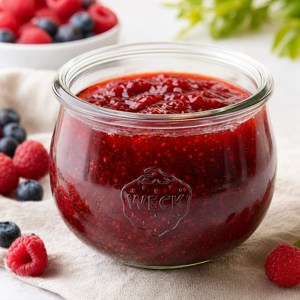 WECK Pot tulipe 580ml RR100 rempli de confiture rouge, entouré de baies fraîches sur fond en bois