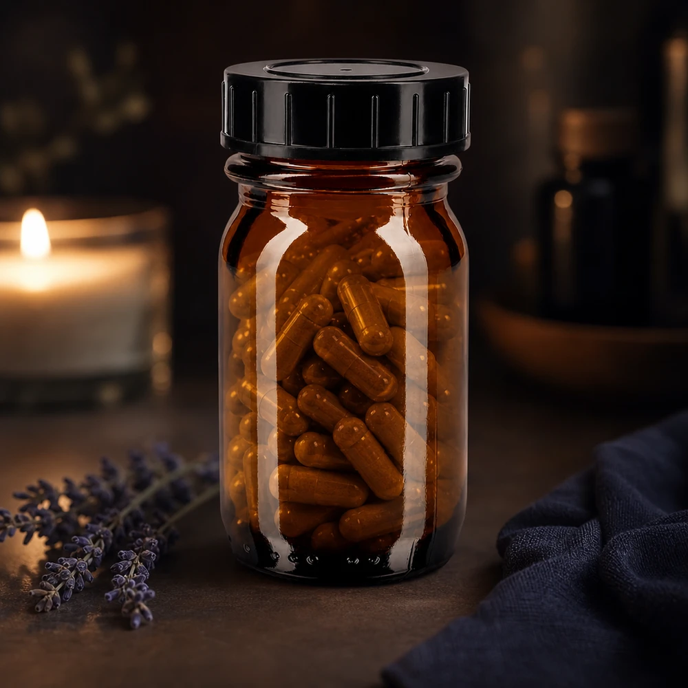 Flacon en verre brun à col large 30ml avec bouchon à vis pour gélules et comprimés