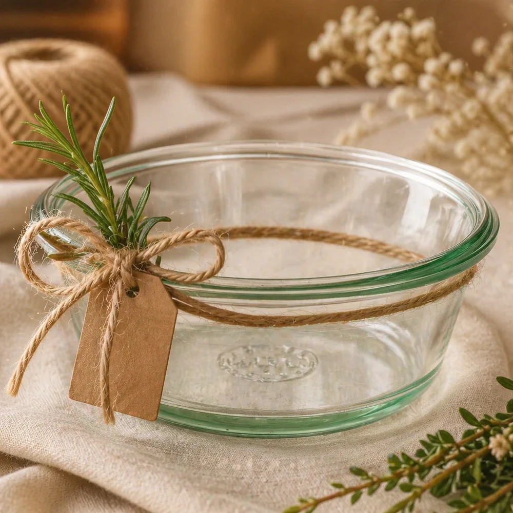 Bocal en verre gourmet WECK RR120 de 300 ml WECK RR120 Verre à gourmet 300ml décoratif mis en scène avec une ficelle de jute, des herbes et une étiquette cadeau comme idée de cadeau
