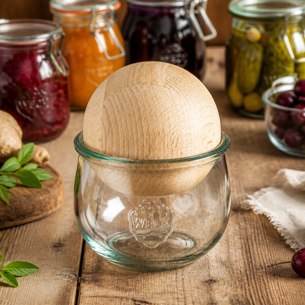 580ml bocal tulipe WECK RR100 avec boule en bois en hêtre Pot à tulipe WECK RR100 avec boule en bois de hêtre dans une ambiance de cuisine à côté de bocaux colorés avec confitures et cornichons