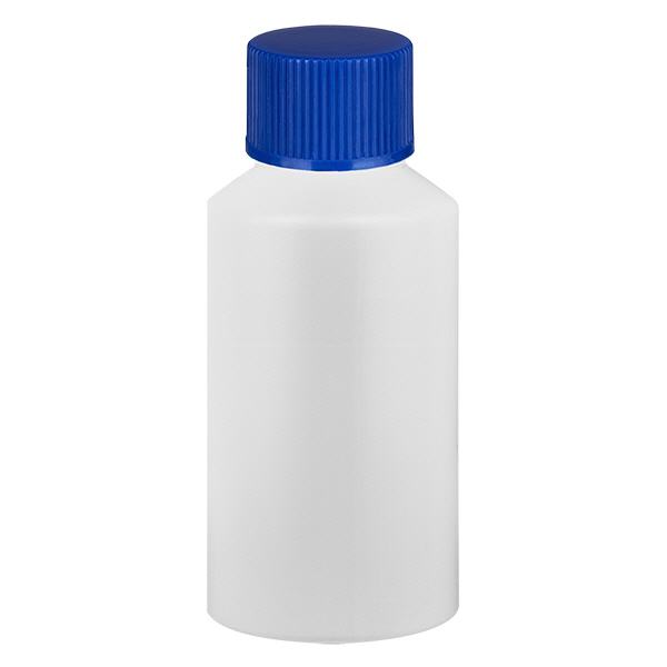Flacon à pharmacie HDPE 50ml blanc, avec bouchon vissable bleu Flacon à pharmacie HDPE 50ml blanc, avec bouchon vissable bleu