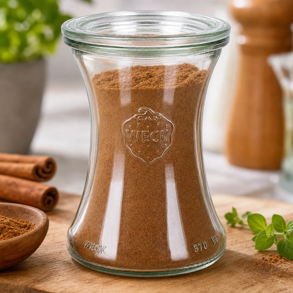 Bocal en verre de 370 ml avec couvercle en verre WECK RR80 WECK Delikatessenglas 370ml RR80 mit Zimt gefüllt zeigt perfekte Gewürzaufbewahrung in stilvollem Glasdesign