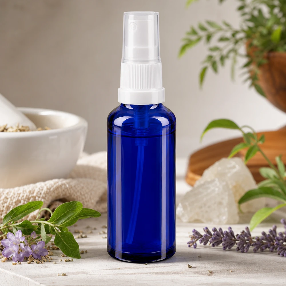 Flacon de pharmacie bleu 10ml embout spray noir Vaporisateur bleu en verre d'apothicaire avec un bouchon transparent, entre la lavande et les plantes médicinales
