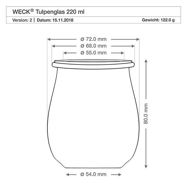 220ml bocal tulipe complet WECK RR60 WECK Pot tulipe 220ml RR60 dessin technique avec dimensions, diamètre et hauteur en millimètres