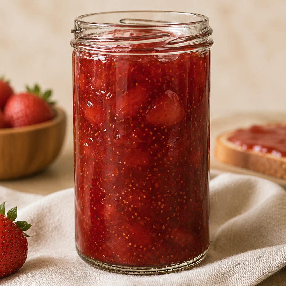 277ml Verre conique sans couvercle (TO66) UNiTWIST UNiTWIST Sturz277 Pot renversé 277ml TO66 rempli de confiture de fraise, pot de conservation pour confiture et pâte à tartiner