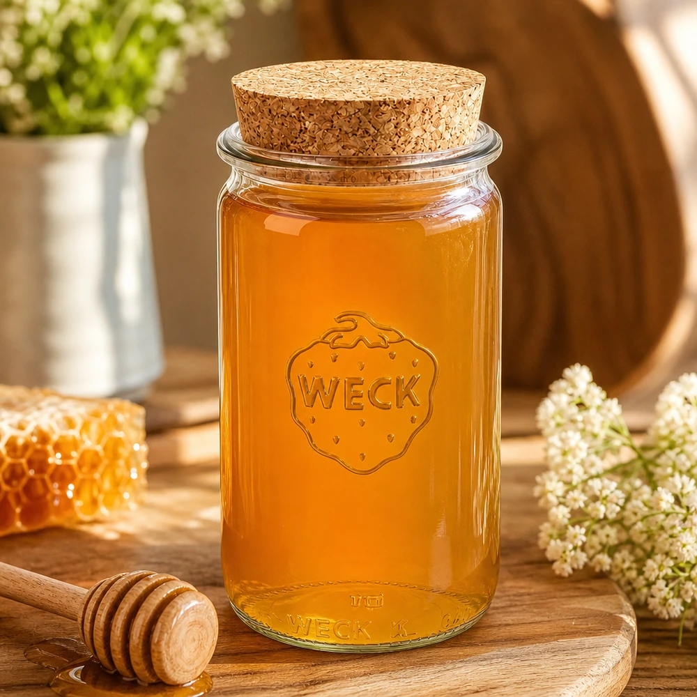 340ml bocal cylindrique WECK RR60 avec bouchon nature WECK Honigglas 340ml RR60 mit Korkenverschluss auf Holzbrett zwischen Waben und Blüten zeigt natürliche Aufbewahrung