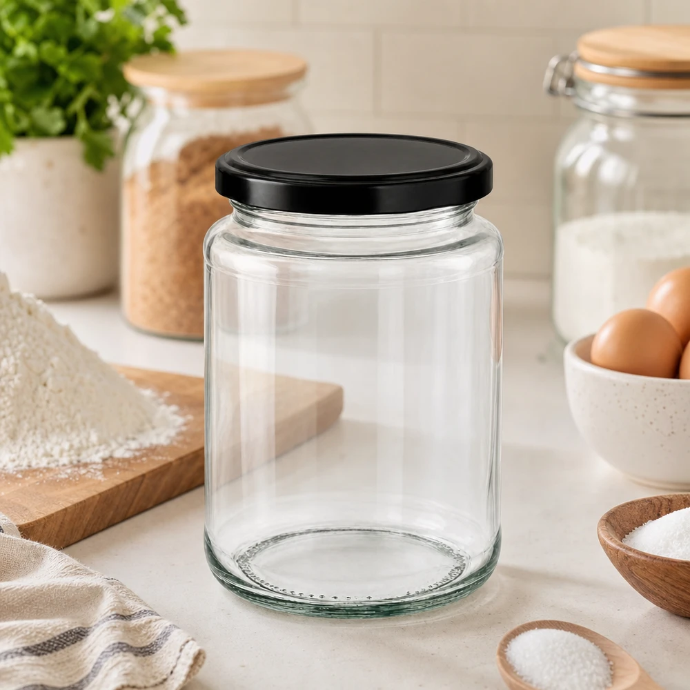Bocal rond de 382ml avec couvercle BasicSeal noir dans une cuisine moderne entre les bocaux à provisions, les œufs et les ustensiles de cuisine