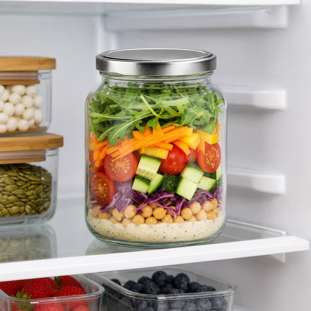 Pot ovale de 370 ml avec couvercle BasicSeal comme salade Meal Prep au réfrigérateur avec des couches de salade et des ingrédients frais