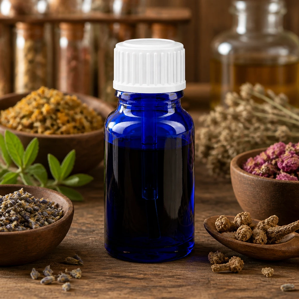 Flacon en verre bleu de 10 ml muni d'un bouchon pinceau blanc, entouré d'herbes et de plantes médicinales