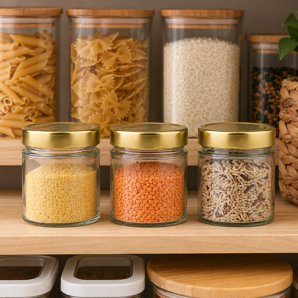 154ml Verre rond avec couvercle BasicSeal or UNiTWIST 154ml Verre rond BasicSeal or en scène de cuisine avec légumineuses riz pâtes conservation placard de cuisine